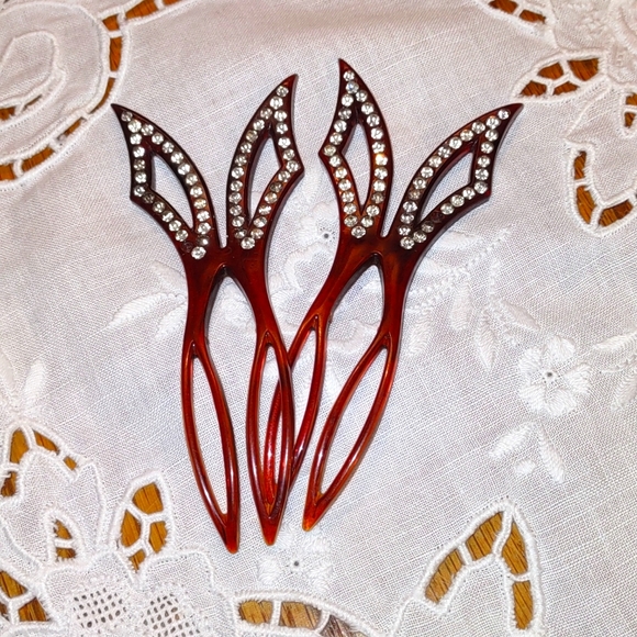 unmarked Accessories - Vintage Celluloid Faux Tortoise Shell Hair Combs w/Rhinestones